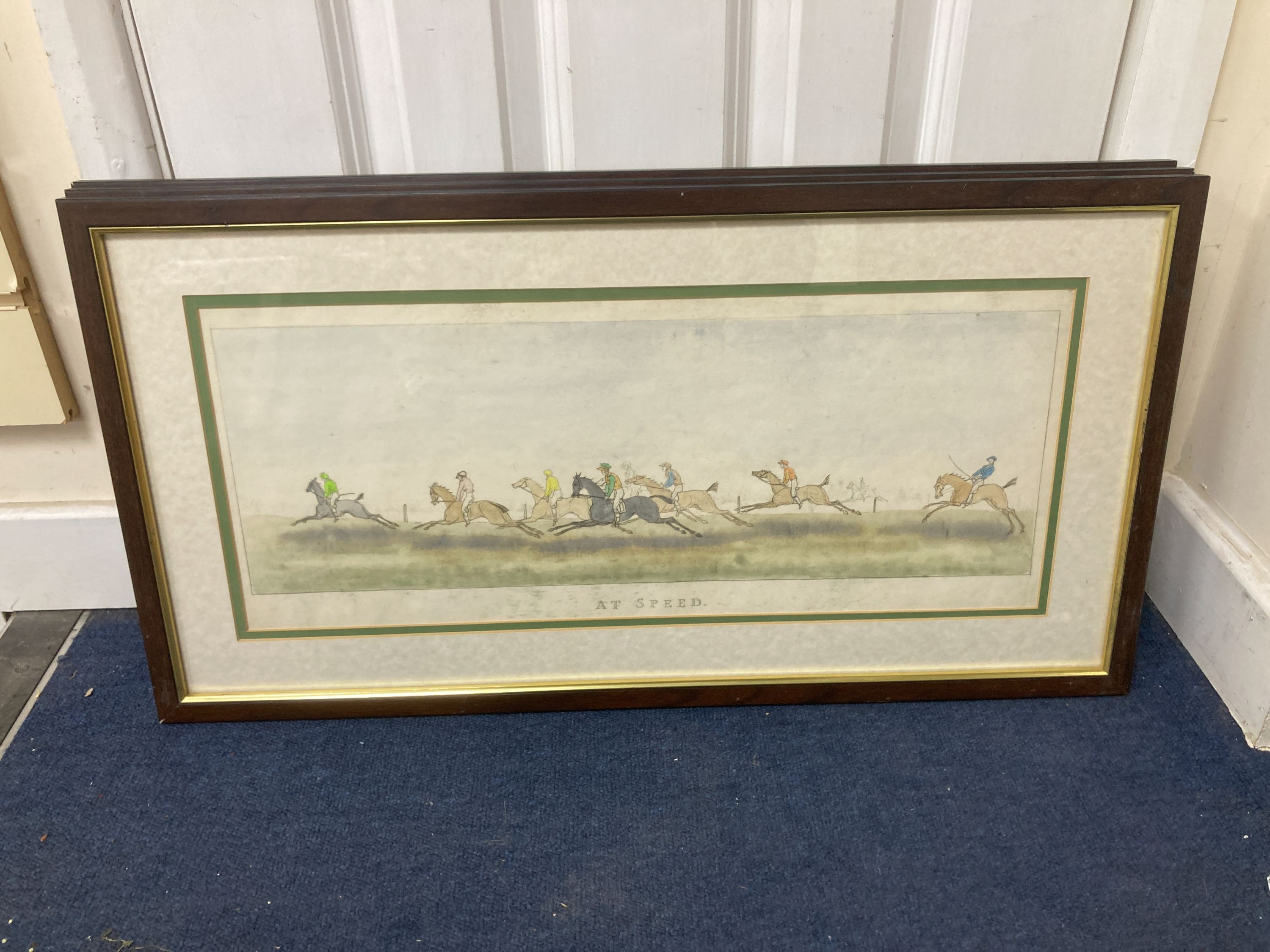 A set of 4 hand-coloured horse racing prints, 18 x 54cm.